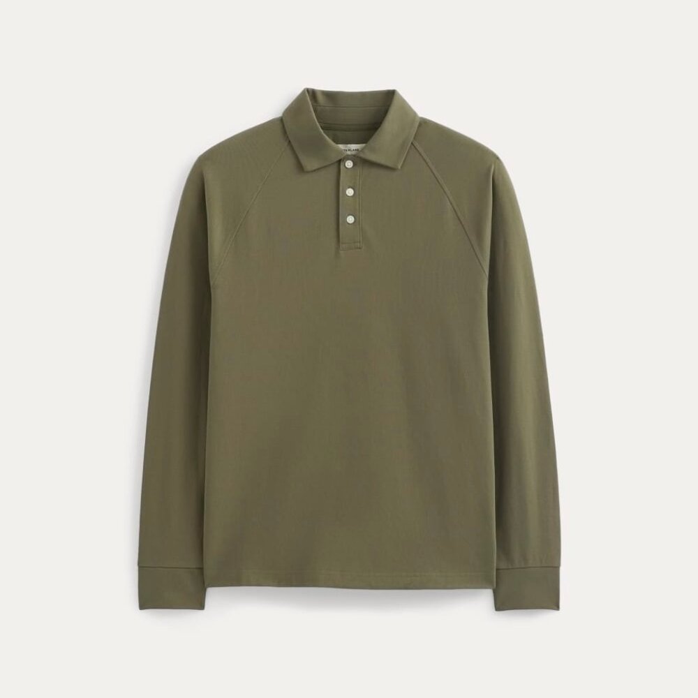 Everlane Men's Startup Raglan Long Sleeve Polo T-Shirt in Olive, Large